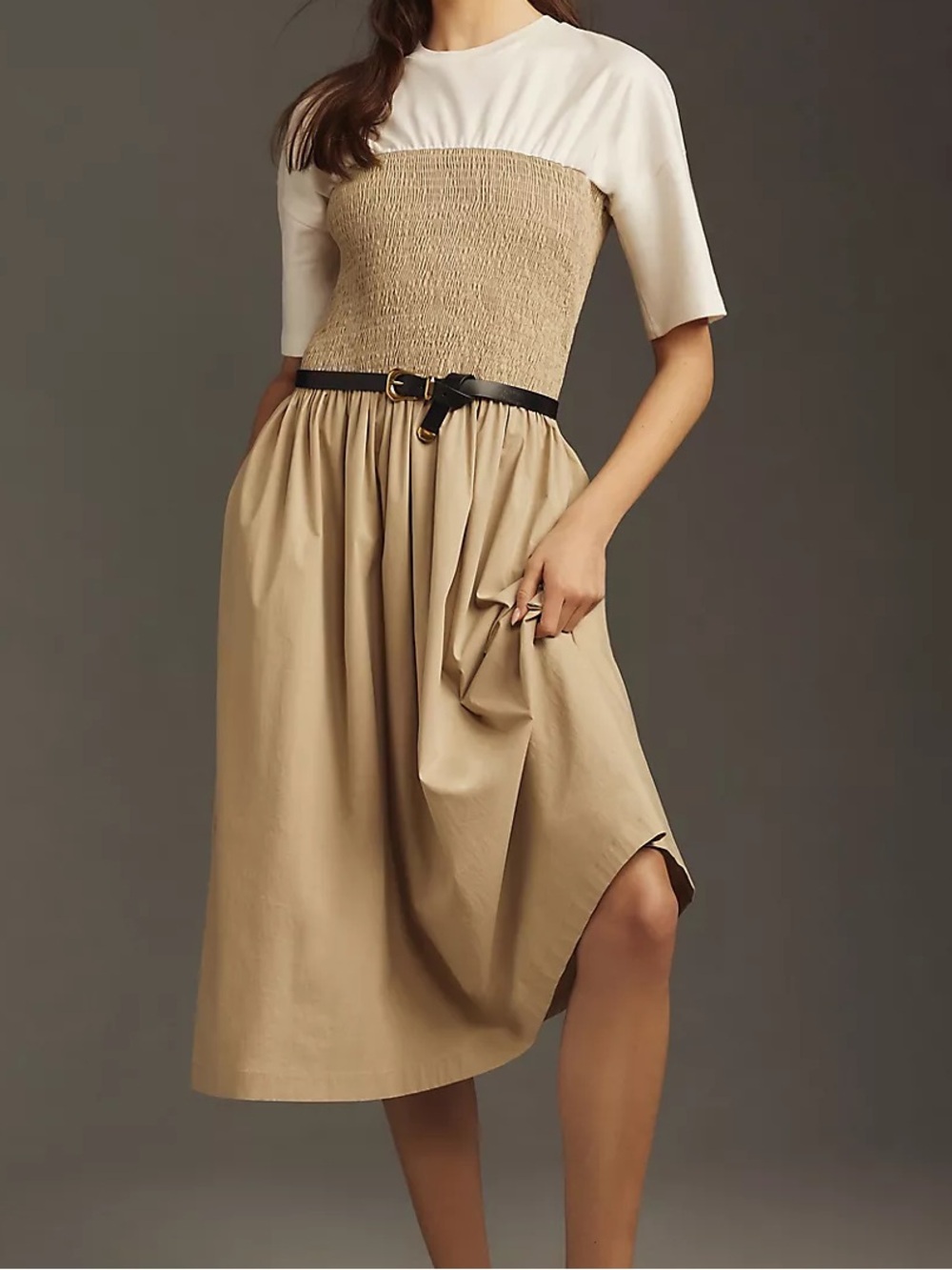 Maeve The Lilou Twofer Smocked Two Tone Midi Dress 2X